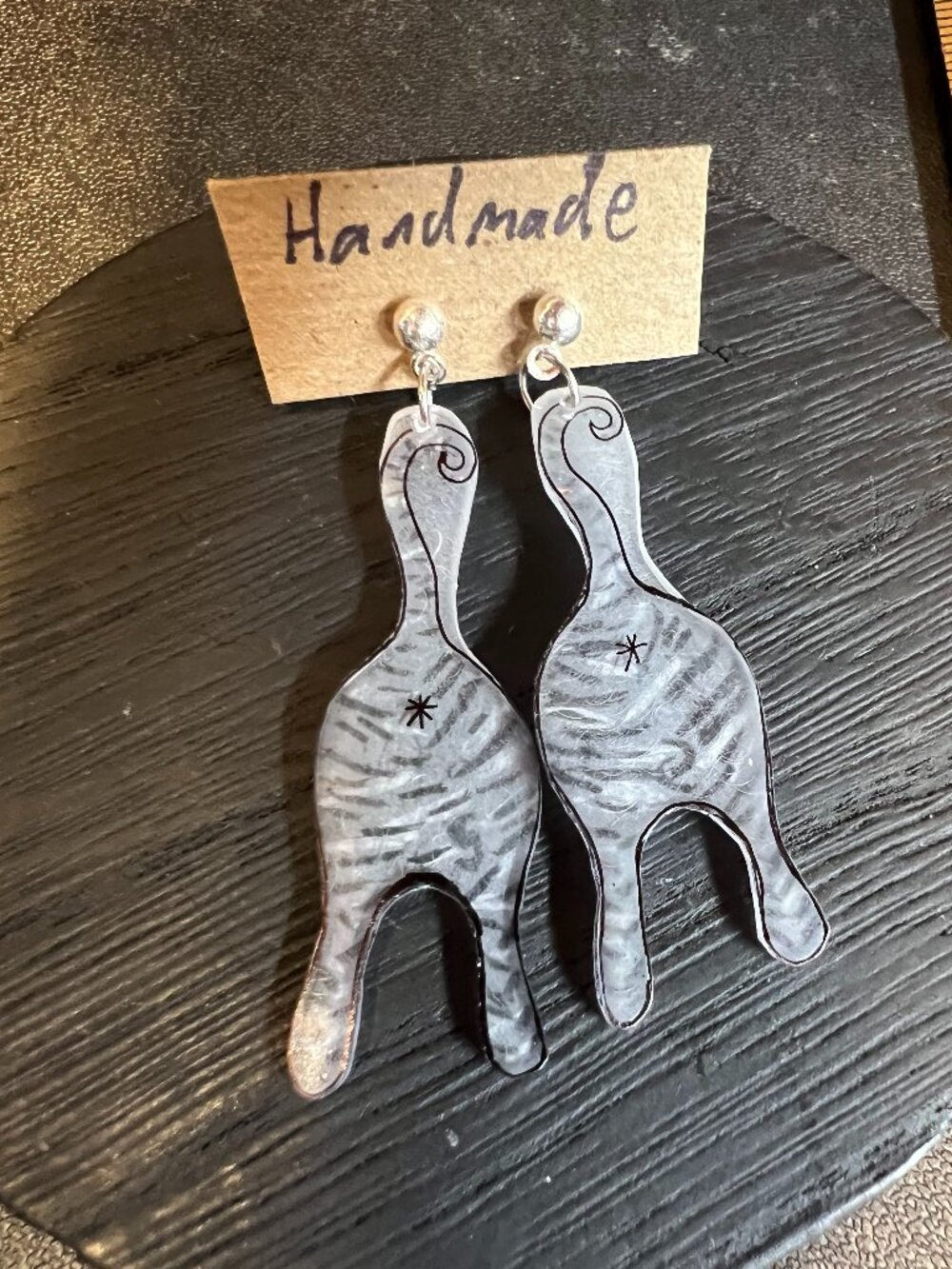Handmade Tabby Cat Butt Earrings, Silvertone Stainless Steel Posts